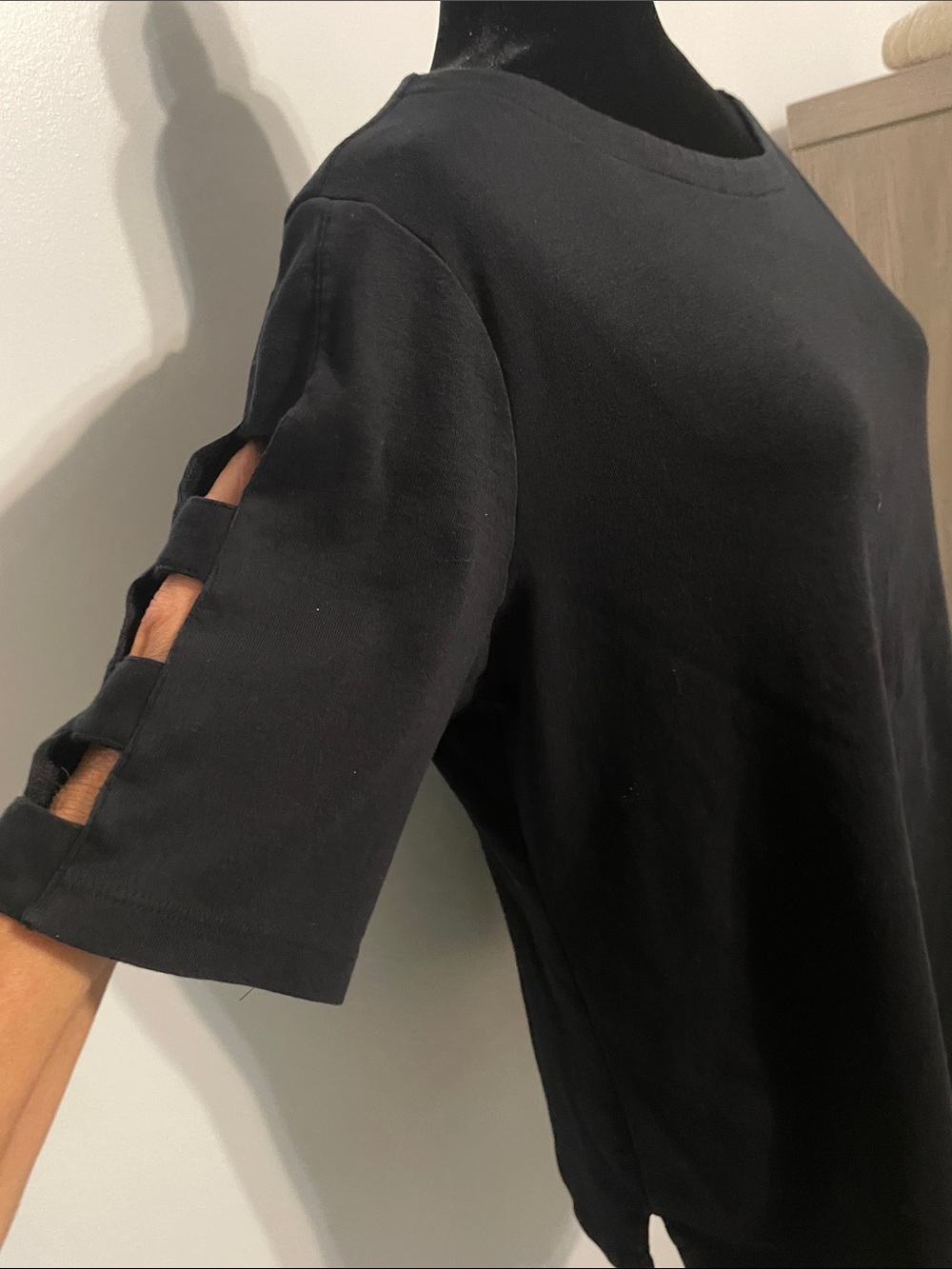 Karen Scott Black Short Sleeve Ladder-Detail Women's Top